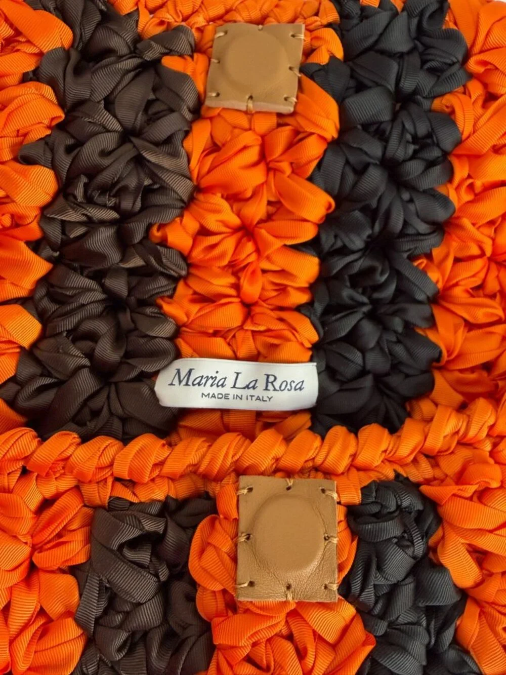 Maria La Rosa Made in Italy Ribbon Crochet Bag Orange Black Chain Strap